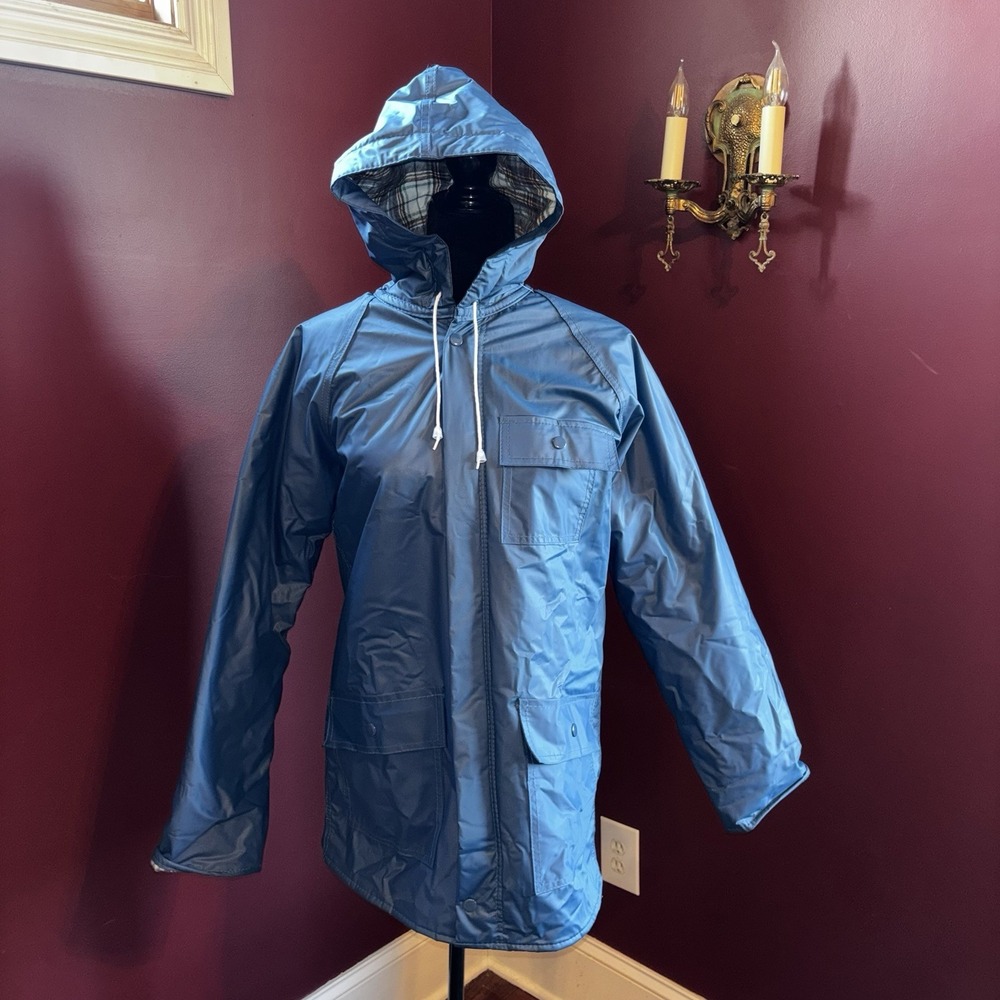 VTG Misty Harbor Blue Rain Coat Plaid Flannel Lined Jacket Hood Women Sz S